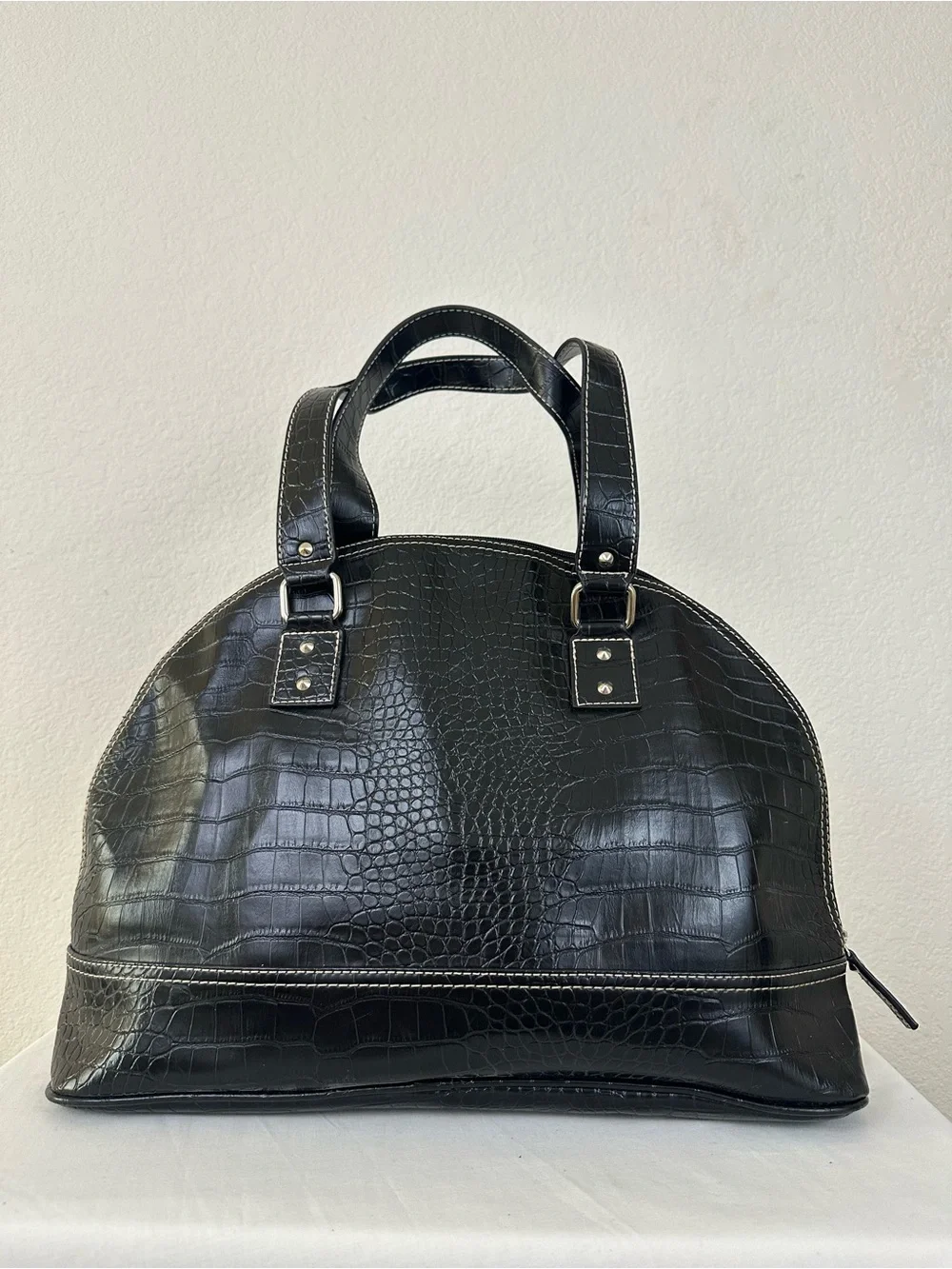 New York & Company Black Faux Leather Croc-Embossed Tote with Silver Buckle